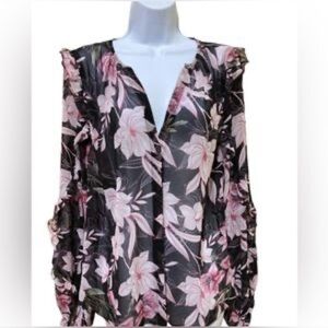 White House Black Market Black Sheer Floral Long Sleeve Blouse